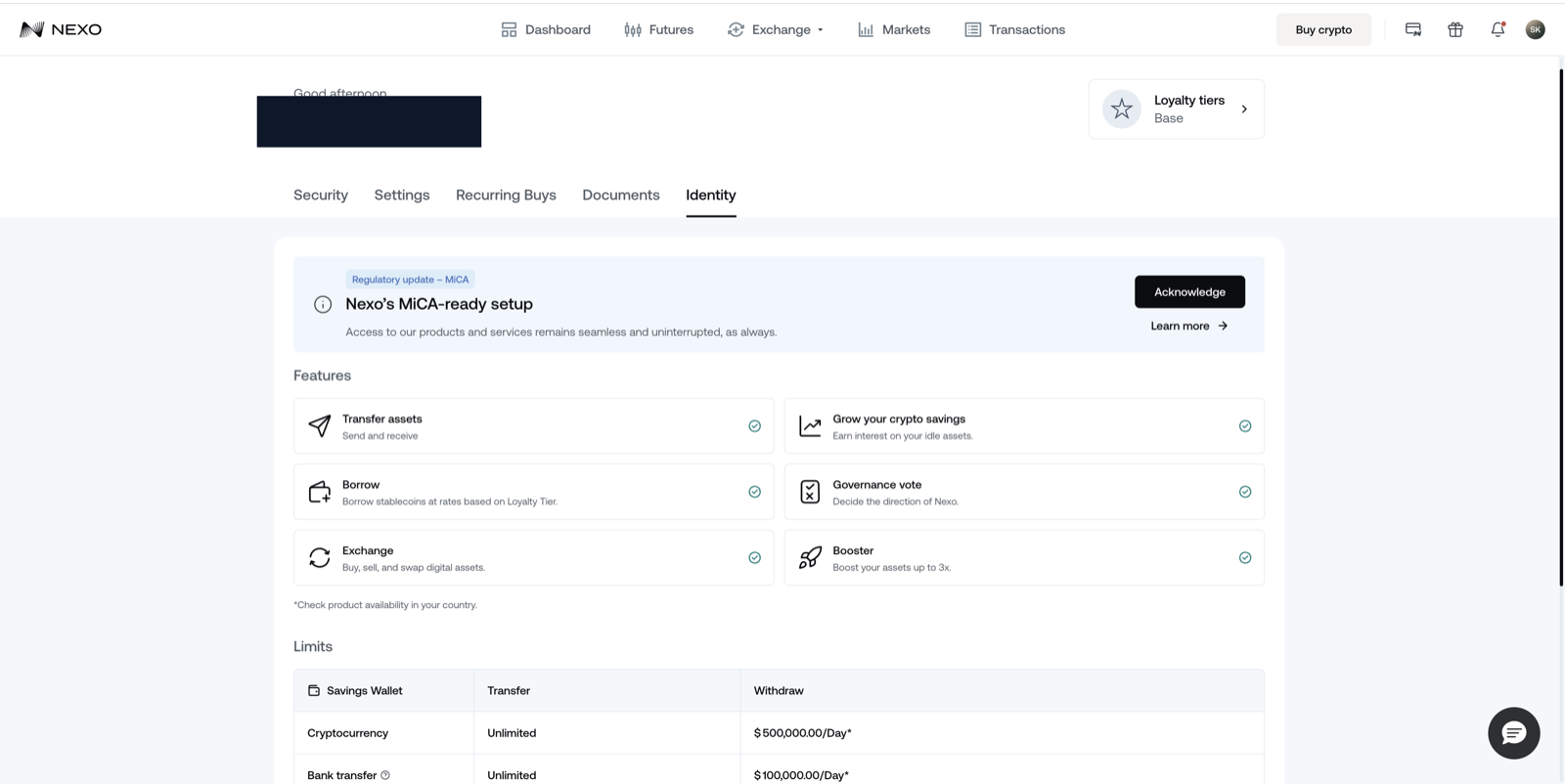 Nexo identity verification screen, Feb 2026: 'Identity Verified' status badge shown after EU passport KYC — turnaround observed at approximately 6 hours